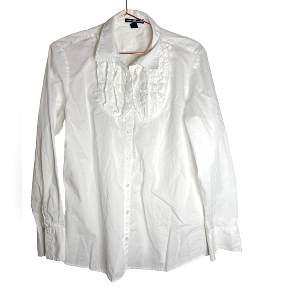 GAP Tops - Gap Long Sleeve Button Front White Ruffle Trim Cotton Blouse